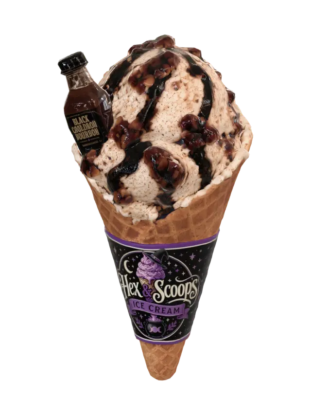 Black Cauldron Bourbon Swirl Cone 3D model, vytvořený pomocí AI