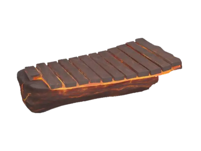 3D model for A stylized 3D render of a primitive xylophone consisting of cracked volcanic stone bars with glowing lava fissures, supported on scorched wooden frame, warm emissive highlights, PBR shader, dark background  
