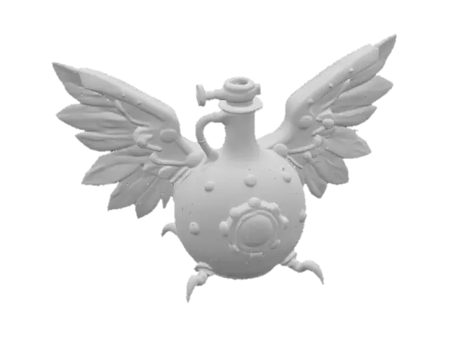 3D model for A mid-sized potion flask, distinguished by its stylized, symmetrical wings extending from each side. The flask's main body is patinated copper, exhibiting a distinct greenish oxidation and subtle worn edges that reveal the underlying metal. Polished brass piping gracefully outlines the wings and body seams, secured with small rivets. A vivid circular red glass module is centrally positioned on the front, firmly held by ornate brass claws. The flask presents a blend of rugged and refined textures.