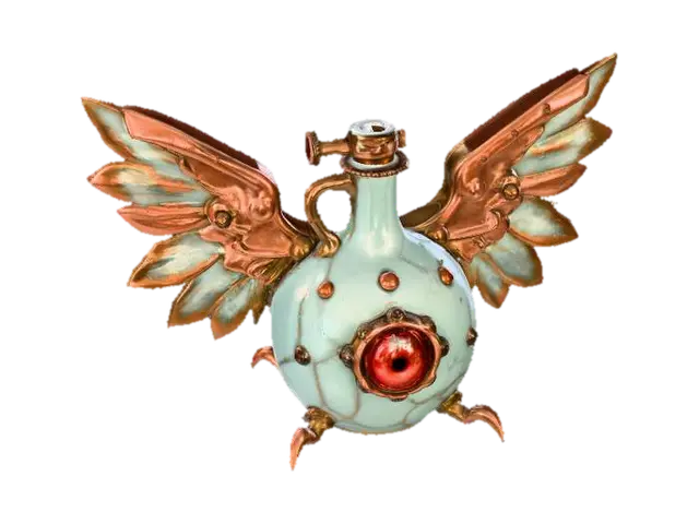 3D model for A mid-sized potion flask, distinguished by its stylized, symmetrical wings extending from each side. The flask's main body is patinated copper, exhibiting a distinct greenish oxidation and subtle worn edges that reveal the underlying metal. Polished brass piping gracefully outlines the wings and body seams, secured with small rivets. A vivid circular red glass module is centrally positioned on the front, firmly held by ornate brass claws. The flask presents a blend of rugged and refined textures.