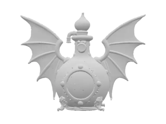 3D model for A mid-sized potion flask, distinguished by its stylized, symmetrical wings extending from each side. The flask's main body is patinated copper, exhibiting a distinct greenish oxidation and subtle worn edges that reveal the underlying metal. Polished brass piping gracefully outlines the wings and body seams, secured with small rivets. A vivid circular red glass module is centrally positioned on the front, firmly held by ornate brass claws. The flask presents a blend of rugged and refined textures.