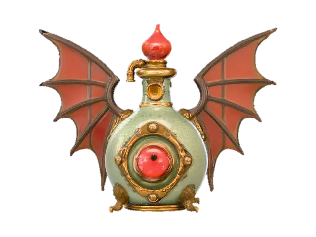 3D model for A mid-sized potion flask, distinguished by its stylized, symmetrical wings extending from each side. The flask's main body is patinated copper, exhibiting a distinct greenish oxidation and subtle worn edges that reveal the underlying metal. Polished brass piping gracefully outlines the wings and body seams, secured with small rivets. A vivid circular red glass module is centrally positioned on the front, firmly held by ornate brass claws. The flask presents a blend of rugged and refined textures.