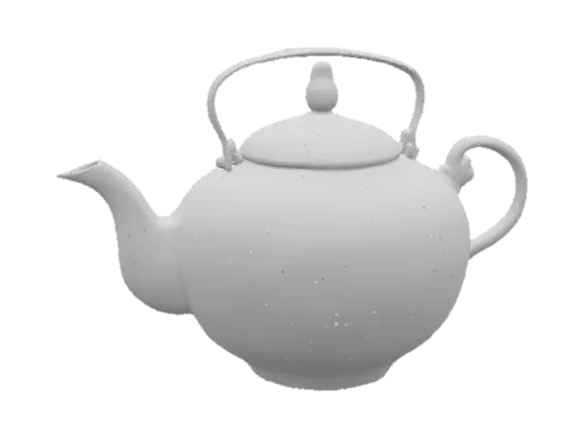 3D model for A round porcelain tea pot with an intricate cobalt blue and white dragon motif, glossy glaze, ornate curved spout, gold-plated handle, fine embossed texture, photographed in warm morning sunlight.