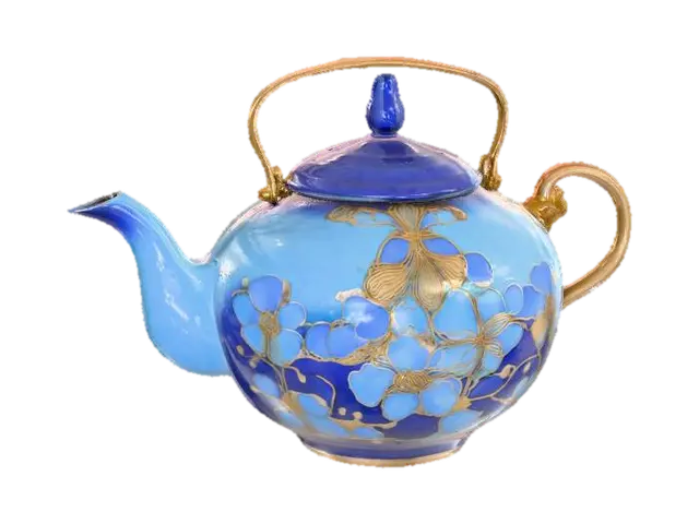 3D model for A round porcelain tea pot with an intricate cobalt blue and white dragon motif, glossy glaze, ornate curved spout, gold-plated handle, fine embossed texture, photographed in warm morning sunlight.