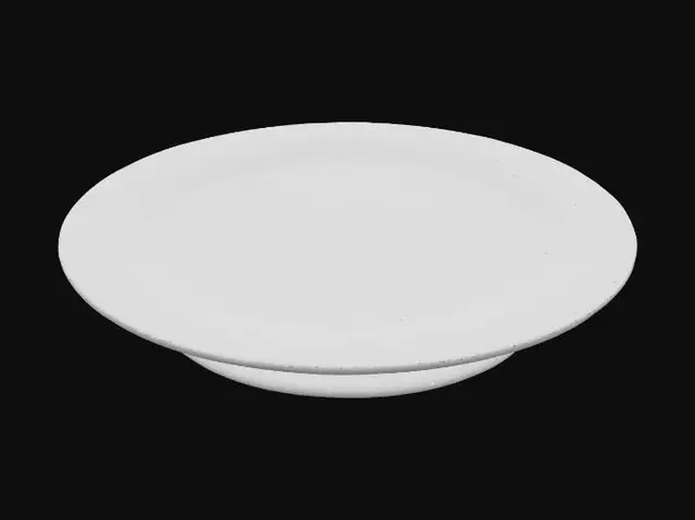 3D model for A set of fine porcelain plates, each perfectly round with a gently raised rim, displaying a lustrous ivory white base. Their surfaces are adorned with a meticulously rendered, raised gold enamel pattern depicting swirling baroque motifs, adding a subtle tactile dimension. The glaze is flawlessly smooth and cool, reflecting light with a soft glow, and the plates have a delicate yet surprisingly durable feel.
