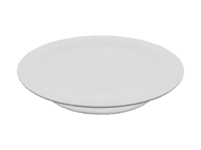 3D model for A set of fine porcelain plates, each perfectly round with a gently raised rim, displaying a lustrous ivory white base. Their surfaces are adorned with a meticulously rendered, raised gold enamel pattern depicting swirling baroque motifs, adding a subtle tactile dimension. The glaze is flawlessly smooth and cool, reflecting light with a soft glow, and the plates have a delicate yet surprisingly durable feel.