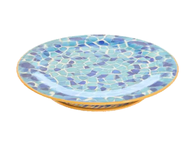 3D model for A set of fine porcelain plates, each perfectly round with a gently raised rim, displaying a lustrous ivory white base. Their surfaces are adorned with a meticulously rendered, raised gold enamel pattern depicting swirling baroque motifs, adding a subtle tactile dimension. The glaze is flawlessly smooth and cool, reflecting light with a soft glow, and the plates have a delicate yet surprisingly durable feel.