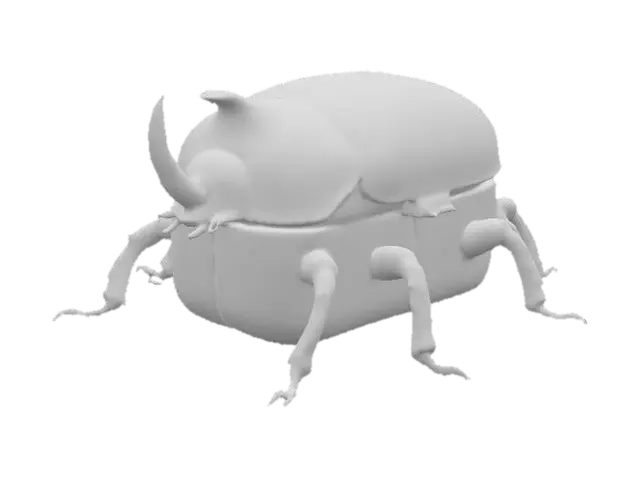 3D model for A robust, stylized beetle-shaped container, with a heavily chipped yellow upper shell featuring faded black stenciled markings. Its lower body is comprised of two hinged panels, each painted with stark black and white diagonal hazard stripes, showing wear and scuffs. Six segmented, gnarled brown metallic legs extend from its sides, and a prominent, ridged horn juts from its head. The container feels cold and solid, with a rough, distressed texture.