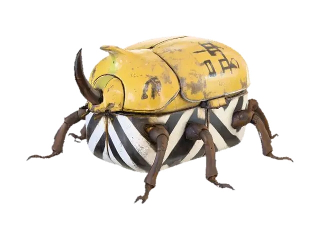 3D model for A robust, stylized beetle-shaped container, with a heavily chipped yellow upper shell featuring faded black stenciled markings. Its lower body is comprised of two hinged panels, each painted with stark black and white diagonal hazard stripes, showing wear and scuffs. Six segmented, gnarled brown metallic legs extend from its sides, and a prominent, ridged horn juts from its head. The container feels cold and solid, with a rough, distressed texture.