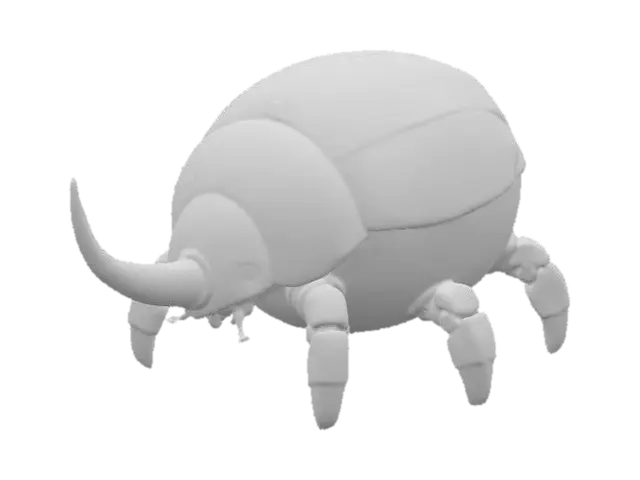 3D model for A plump robotic rhino beetle with a smooth round shape, weathered yellow top shell covered in faded symbols, white body with diagonal black stripes, a glossy metallic horn, bronze mechanical legs, realistic worn paint, sci-fi concept art style, studio render.