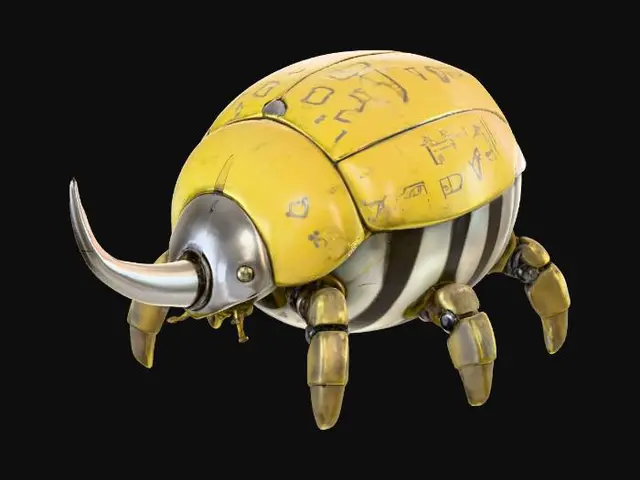 3D model for A plump robotic rhino beetle with a smooth round shape, weathered yellow top shell covered in faded symbols, white body with diagonal black stripes, a glossy metallic horn, bronze mechanical legs, realistic worn paint, sci-fi concept art style, studio render.