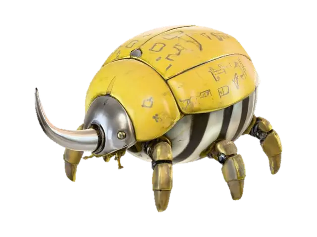 3D model for A plump robotic rhino beetle with a smooth round shape, weathered yellow top shell covered in faded symbols, white body with diagonal black stripes, a glossy metallic horn, bronze mechanical legs, realistic worn paint, sci-fi concept art style, studio render.