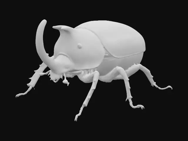 3D model for An oversized, robust rhinoceros beetle sculpture, also serving as a container, features a prominent, ridged horn and head in muted, chipped yellow with black patterns. Its large, domed upper shell displays faded markings, while the hinged lower body is painted with stark black and white diagonal stripes, showing flaked paint and scuffs. Six intricately detailed, gnarled brown legs protrude. The entire piece feels cold, solid, and rough, like aged, distressed metal and wood.