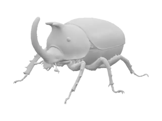 3D model for An oversized, robust rhinoceros beetle sculpture, also serving as a container, features a prominent, ridged horn and head in muted, chipped yellow with black patterns. Its large, domed upper shell displays faded markings, while the hinged lower body is painted with stark black and white diagonal stripes, showing flaked paint and scuffs. Six intricately detailed, gnarled brown legs protrude. The entire piece feels cold, solid, and rough, like aged, distressed metal and wood.