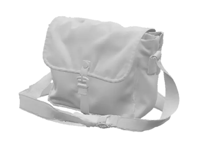 3D model for A vintage army messenger bag, compact and rectangular, in a muted, desaturated olive green canvas. The fabric is thick and slightly stiff, with faint, discolored streaks that hint at its age. It has a single main compartment with a buckle-down flap closure. A wide, adjustable canvas shoulder strap is attached, giving it a lightweight yet durable and authentic, worn tactile quality for carrying documents or small tools.