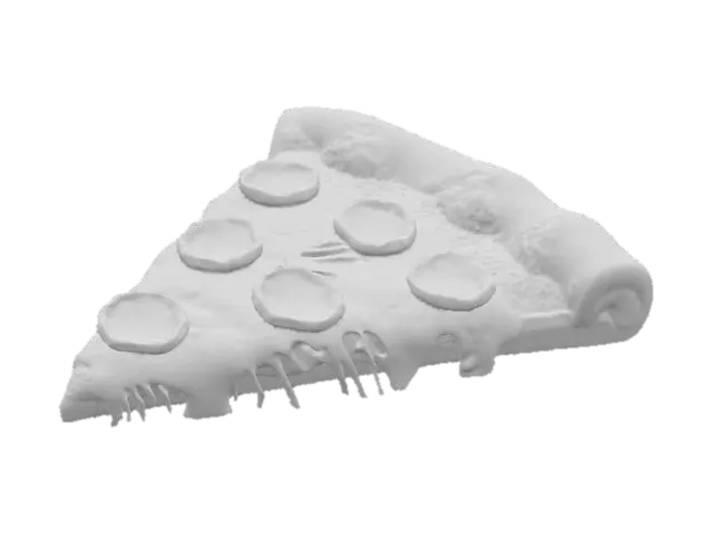 3D model for A triangular slice of pizza with a golden-brown, slightly puffed crust edge. Its surface is covered in rich, melted mozzarella cheese, creating a glossy, stretchy appearance with occasional caramelized spots. Bright red pepperoni slices with curled edges are scattered across the cheese, resting on a layer of savory tomato sauce. #food#