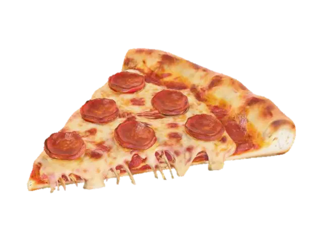3D model for A triangular slice of pizza with a golden-brown, slightly puffed crust edge. Its surface is covered in rich, melted mozzarella cheese, creating a glossy, stretchy appearance with occasional caramelized spots. Bright red pepperoni slices with curled edges are scattered across the cheese, resting on a layer of savory tomato sauce. #food#