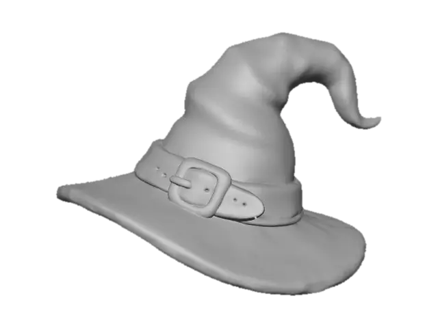 3D model for Clay-like stylized 3D model of a witch’s hat with chunky oversized brim and curved tip.
Matte clay surface with subtle clay grain and imperfections.
Body in gradient tones from deep purple to dark navy,
belt strap in gradient black to gray with golden buckle.
Toy-like handmade aesthetic with soft studio lighting and shadows.