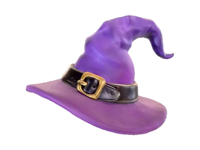 3D model for Clay-like stylized 3D model of a witch’s hat with chunky oversized brim and curved tip.
Matte clay surface with subtle clay grain and imperfections.
Body in gradient tones from deep purple to dark navy,
belt strap in gradient black to gray with golden buckle.
Toy-like handmade aesthetic with soft studio lighting and shadows.