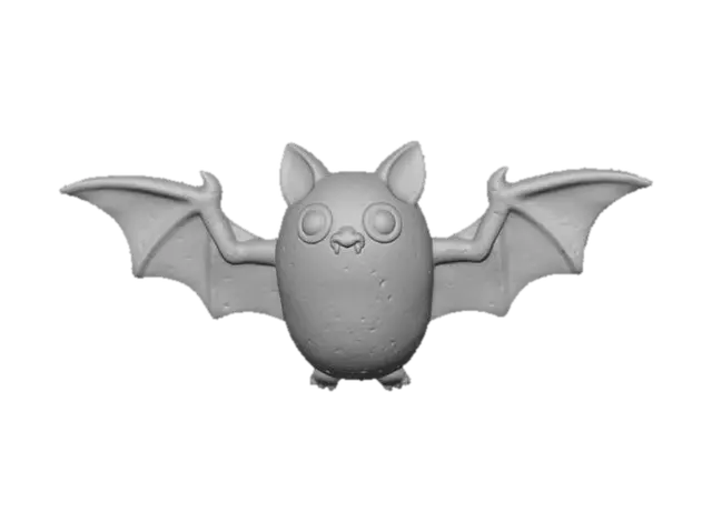 3D model for Clay-like stylized 3D model of a Halloween bat with chunky body and oversized wings. 
Matte clay surface with subtle imperfections. 
Body gradient from deep purple to black, 
eyes glowing in bright red-orange. 
Toy-like handmade look, rendered with soft lighting on a dark background.