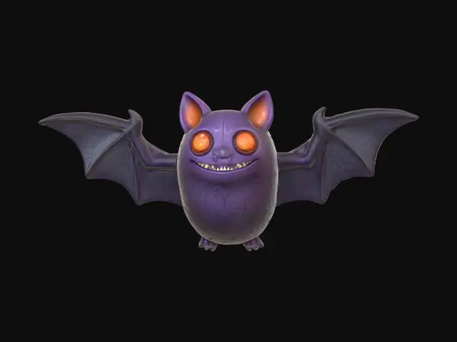 3D model for Clay-like stylized 3D model of a Halloween bat with chunky body and oversized wings.
Matte clay surface with subtle imperfections.
Body gradient from deep purple to black,
eyes glowing in bright red-orange.
Toy-like handmade look, rendered with soft lighting on a dark background.
