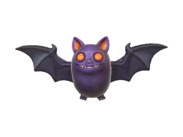 3D model for Clay-like stylized 3D model of a Halloween bat with chunky body and oversized wings. 
Matte clay surface with subtle imperfections. 
Body gradient from deep purple to black, 
eyes glowing in bright red-orange. 
Toy-like handmade look, rendered with soft lighting on a dark background.