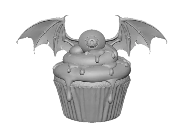 3D model for A spooky Halloween cupcake with lime green glossy icing in a hot pink cupcake cup, with A single eyeball on top, and large bat wings. #Halloween2025#
