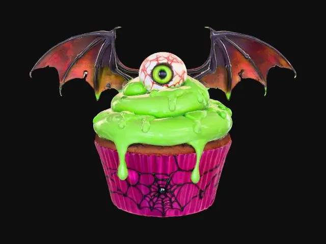 3D model for A spooky Halloween cupcake with lime green glossy icing in a hot pink cupcake cup, with A single eyeball on top, and large bat wings. #Halloween2025#