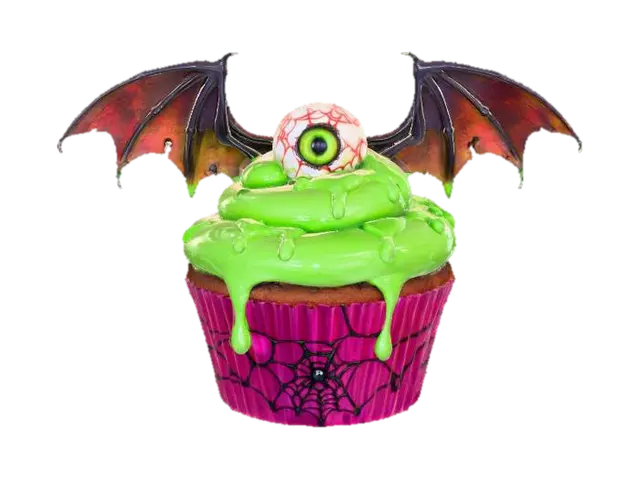 3D model for A spooky Halloween cupcake with lime green glossy icing in a hot pink cupcake cup, with A single eyeball on top, and large bat wings. #Halloween2025#