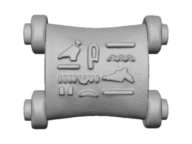 3D model for A cute, stylized 3D model of an ancient Egyptian papyrus scroll, unrolled slightly to reveal its contents. The scroll itself is a warm, matte cream color with a subtle textured surface, resembling thick paper. Its ends are rolled up into plump, rounded cylinders of a complementary light brown. Delicate, simplified golden-brown hieroglyphs are visible on the unfurled section, rendered with a soft, embossed effect under gentle, diffused lighting, conveying an ancient, yet friendly artifact.