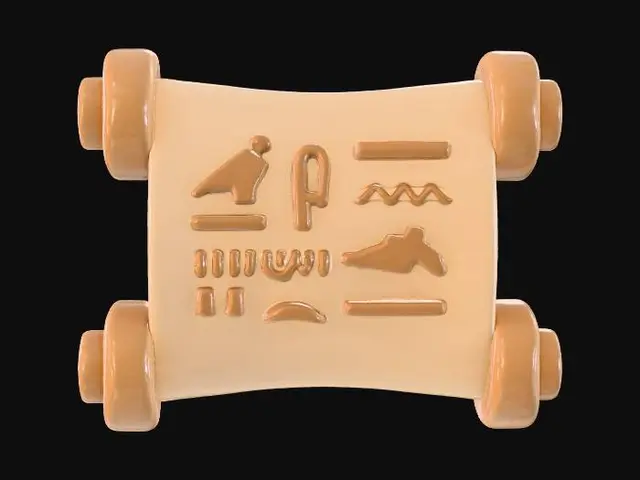 3D model for A cute, stylized 3D model of an ancient Egyptian papyrus scroll, unrolled slightly to reveal its contents. The scroll itself is a warm, matte cream color with a subtle textured surface, resembling thick paper. Its ends are rolled up into plump, rounded cylinders of a complementary light brown. Delicate, simplified golden-brown hieroglyphs are visible on the unfurled section, rendered with a soft, embossed effect under gentle, diffused lighting, conveying an ancient, yet friendly artifact.