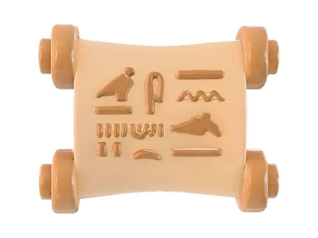 3D model for A cute, stylized 3D model of an ancient Egyptian papyrus scroll, unrolled slightly to reveal its contents. The scroll itself is a warm, matte cream color with a subtle textured surface, resembling thick paper. Its ends are rolled up into plump, rounded cylinders of a complementary light brown. Delicate, simplified golden-brown hieroglyphs are visible on the unfurled section, rendered with a soft, embossed effect under gentle, diffused lighting, conveying an ancient, yet friendly artifact.