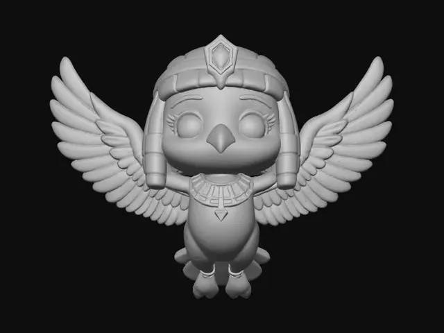 3D model for A delightful, stylized 3D render of a chibi Vulture Goddess (Nekhbet) figure, depicted in a flying pose with a vibrant clay style. Her body is a smooth, matte white, with chunky, rounded wings featuring matte golden-yellow accents and subtle red and deep blue feather details. Her head is simplified with a pronounced golden-yellow beak and friendly eyes. Soft, even lighting emphasizes her graceful, stylized form.