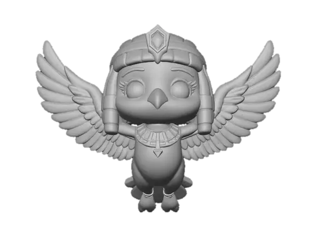 3D model for A delightful, stylized 3D render of a chibi Vulture Goddess (Nekhbet) figure, depicted in a flying pose with a vibrant clay style. Her body is a smooth, matte white, with chunky, rounded wings featuring matte golden-yellow accents and subtle red and deep blue feather details. Her head is simplified with a pronounced golden-yellow beak and friendly eyes. Soft, even lighting emphasizes her graceful, stylized form.