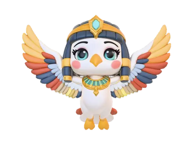 3D model for A delightful, stylized 3D render of a chibi Vulture Goddess (Nekhbet) figure, depicted in a flying pose with a vibrant clay style. Her body is a smooth, matte white, with chunky, rounded wings featuring matte golden-yellow accents and subtle red and deep blue feather details. Her head is simplified with a pronounced golden-yellow beak and friendly eyes. Soft, even lighting emphasizes her graceful, stylized form.