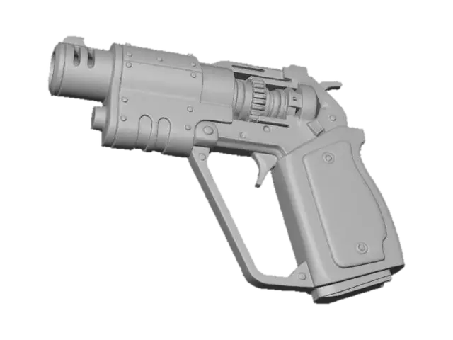 3D model for A weighty Dieselpunk impact pistol, forged from oxidized brass and riveted steel plates, showing worn oil stains. Its trigger guard is a bold, bright yellow triangle, while the grip is inlaid with hard plastic panels featuring hot pink, teal, and black geometric patterns. The overall structure is rugged, yet possesses an incongruously playful aesthetic.