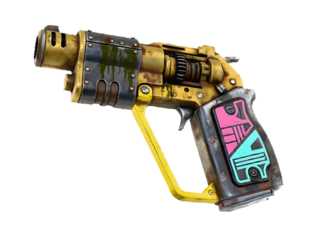 3D model for A weighty Dieselpunk impact pistol, forged from oxidized brass and riveted steel plates, showing worn oil stains. Its trigger guard is a bold, bright yellow triangle, while the grip is inlaid with hard plastic panels featuring hot pink, teal, and black geometric patterns. The overall structure is rugged, yet possesses an incongruously playful aesthetic.