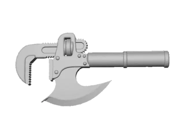 3D model for A massive Dieselpunk wrench-axe, a dual-purpose tool/weapon. The "wrench" head is a crude, oversized forged steel jaw, while the opposite side is a sharpened axe blade. The heavy, dark grey metal is contrasted by a thick, cylindrical handle painted with bold, irregular stripes of bright magenta, electric blue, and black, making it both formidable and visually loud.