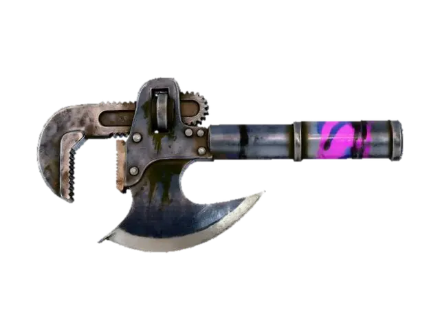 3D model for A massive Dieselpunk wrench-axe, a dual-purpose tool/weapon. The "wrench" head is a crude, oversized forged steel jaw, while the opposite side is a sharpened axe blade. The heavy, dark grey metal is contrasted by a thick, cylindrical handle painted with bold, irregular stripes of bright magenta, electric blue, and black, making it both formidable and visually loud.