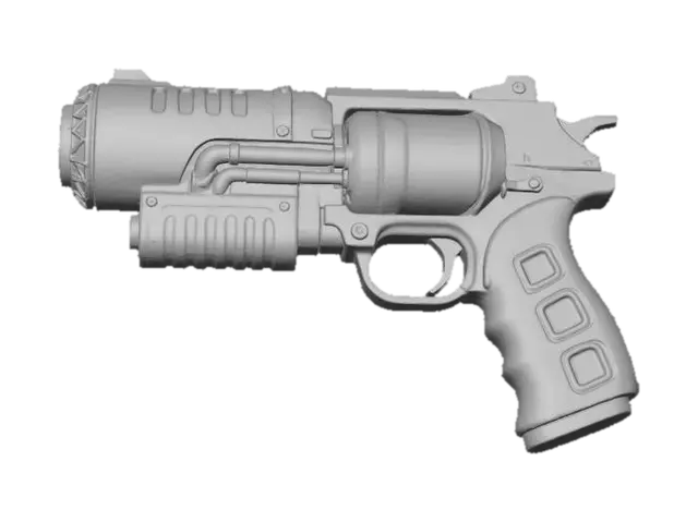 3D model for A Dieselpunk sonic pistol, its body a smooth, dull grey metallic housing with visible heat vents and a bulky energy cell. The emitter at the front is surrounded by a ring of alternating bright yellow and teal triangles, while the grip is wrapped in a textured black material with hot pink rectangular inserts, giving it a sleek yet playful, sci-fi appearance.