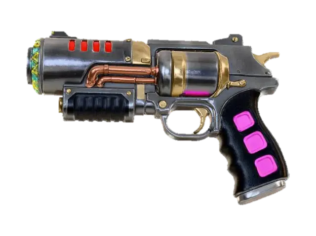 3D model for A Dieselpunk sonic pistol, its body a smooth, dull grey metallic housing with visible heat vents and a bulky energy cell. The emitter at the front is surrounded by a ring of alternating bright yellow and teal triangles, while the grip is wrapped in a textured black material with hot pink rectangular inserts, giving it a sleek yet playful, sci-fi appearance.