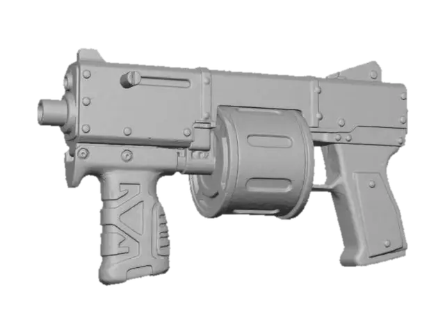3D model for A Dieselpunk submachine gun, featuring a compact, boxy body of blackened steel, heavily riveted and showing signs of heavy use. Its magazine is a bright yellow and hot pink striped cylinder, and the foregrip is made of teal-colored, textured plastic with embossed black geometric shapes. It feels dense and rugged, an efficient tool with a surprising splash of color.