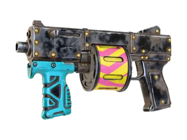3D model for A Dieselpunk submachine gun, featuring a compact, boxy body of blackened steel, heavily riveted and showing signs of heavy use. Its magazine is a bright yellow and hot pink striped cylinder, and the foregrip is made of teal-colored, textured plastic with embossed black geometric shapes. It feels dense and rugged, an efficient tool with a surprising splash of color.