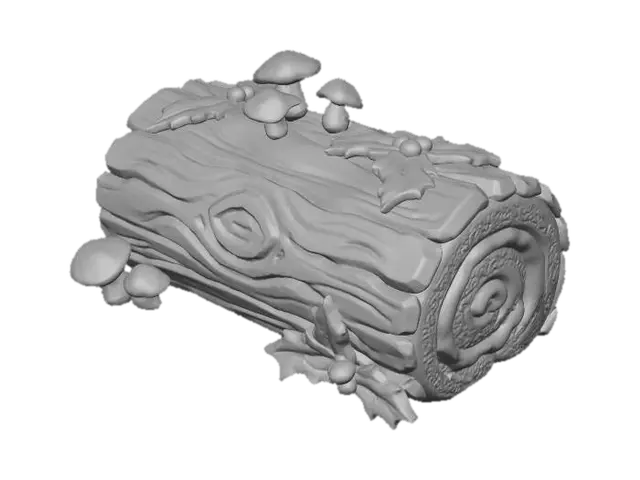 3D model for A stylized PBR 3D game asset, a giant Yule Log cake (Bûche de Noël). The surface texture mimics rough tree bark but is clearly made of dark chocolate, dusted with powdered sugar snow. Decorated with meringue mushrooms and green marzipan holly leaves. The sliced end reveals thick cream swirls. Delicious food prop, chunky hand-painted food textures.