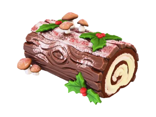 3D model for A stylized PBR 3D game asset, a giant Yule Log cake (Bûche de Noël). The surface texture mimics rough tree bark but is clearly made of dark chocolate, dusted with powdered sugar snow. Decorated with meringue mushrooms and green marzipan holly leaves. The sliced end reveals thick cream swirls. Delicious food prop, chunky hand-painted food textures.