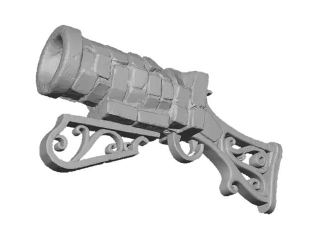 3D model for A stylized PBR 3D game asset, a portable hand cannon. The barrel resembles a detached section of a red brick chimney, with chunky brick textures and snow mortar in the crevices. The muzzle is heavily stained with black soot. The handle and stock are fashioned from a cast-iron fireplace grate. Rugged, heavy masonry texture mixed with iron.