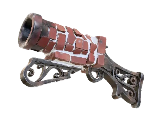 3D model for A stylized PBR 3D game asset, a portable hand cannon. The barrel resembles a detached section of a red brick chimney, with chunky brick textures and snow mortar in the crevices. The muzzle is heavily stained with black soot. The handle and stock are fashioned from a cast-iron fireplace grate. Rugged, heavy masonry texture mixed with iron.
