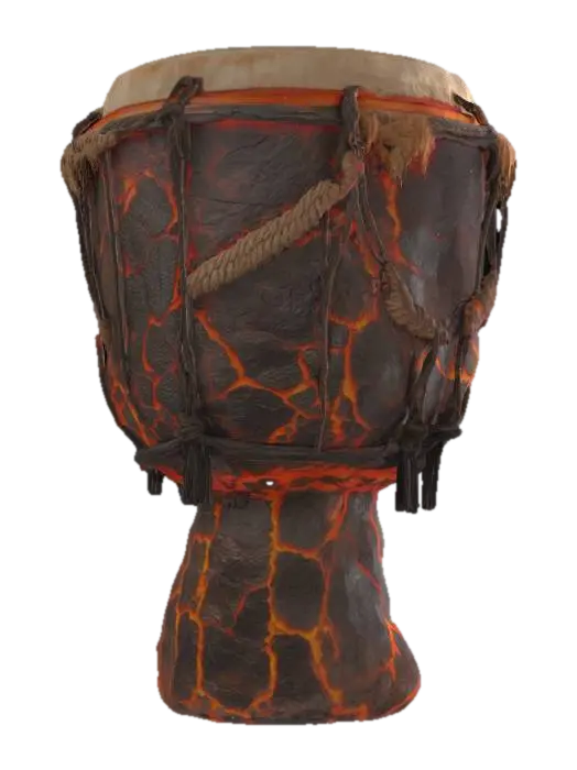 3D model for A 3D stylized mesh of a primitive stone drum carved from cracked volcanic rock with glowing orange lava veins, drumheads of stretched animal hide, bound by charred wooden pegs, subtle emissive glow, PBR metallic-roughness, clean dark background  
