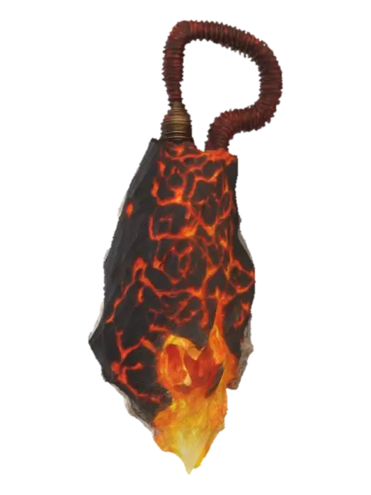 3D model for A two-handed broadsword features a massive blade of dark, craggy volcanic stone, etched with glowing fissures that pulse with molten orange and fiery red light. Its sharpened edges shimmer with an intense yellow-orange glow, resembling cooling lava. The hilt is wrapped in rough, dark leather over a gnarled, twisted handle, providing a powerful, earthy grip.