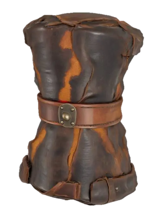 3D model for A 3D render of a Viking bellows with cracked volcanic rock casing and molten lava-filled seams, stitched leather body with charred wood handles, metal studs glowing faintly, PBR shader, clean background
